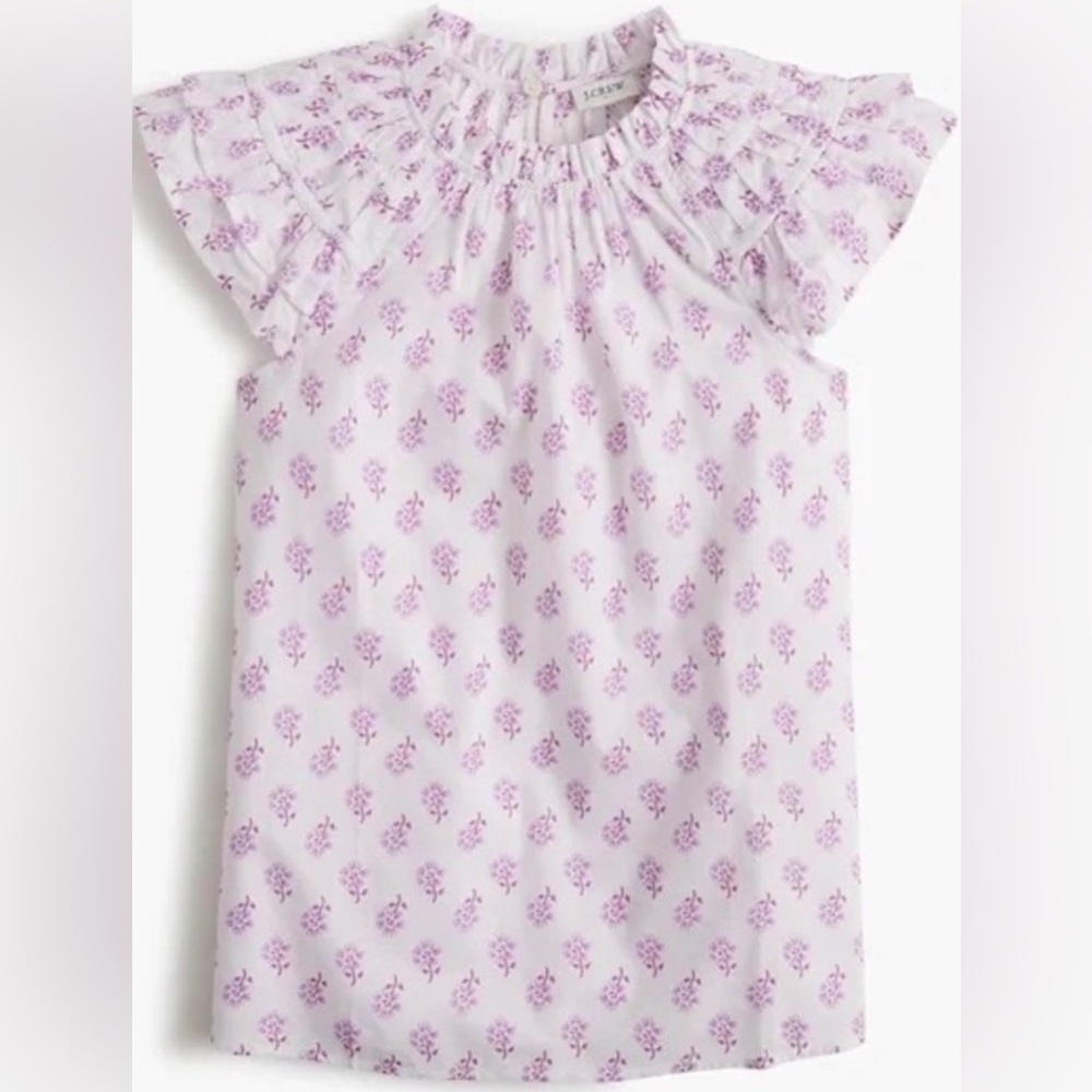 J Crew Flutter Sleeve, Crewneck, White w/Fuschia Floral Cotton Blouse, Sz Small